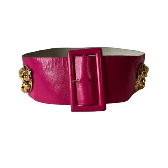 VTG Isabel Canovas Pink‎ Leather Wide Belt Designer Waist Corset Gold Rare 80\'s main image 2